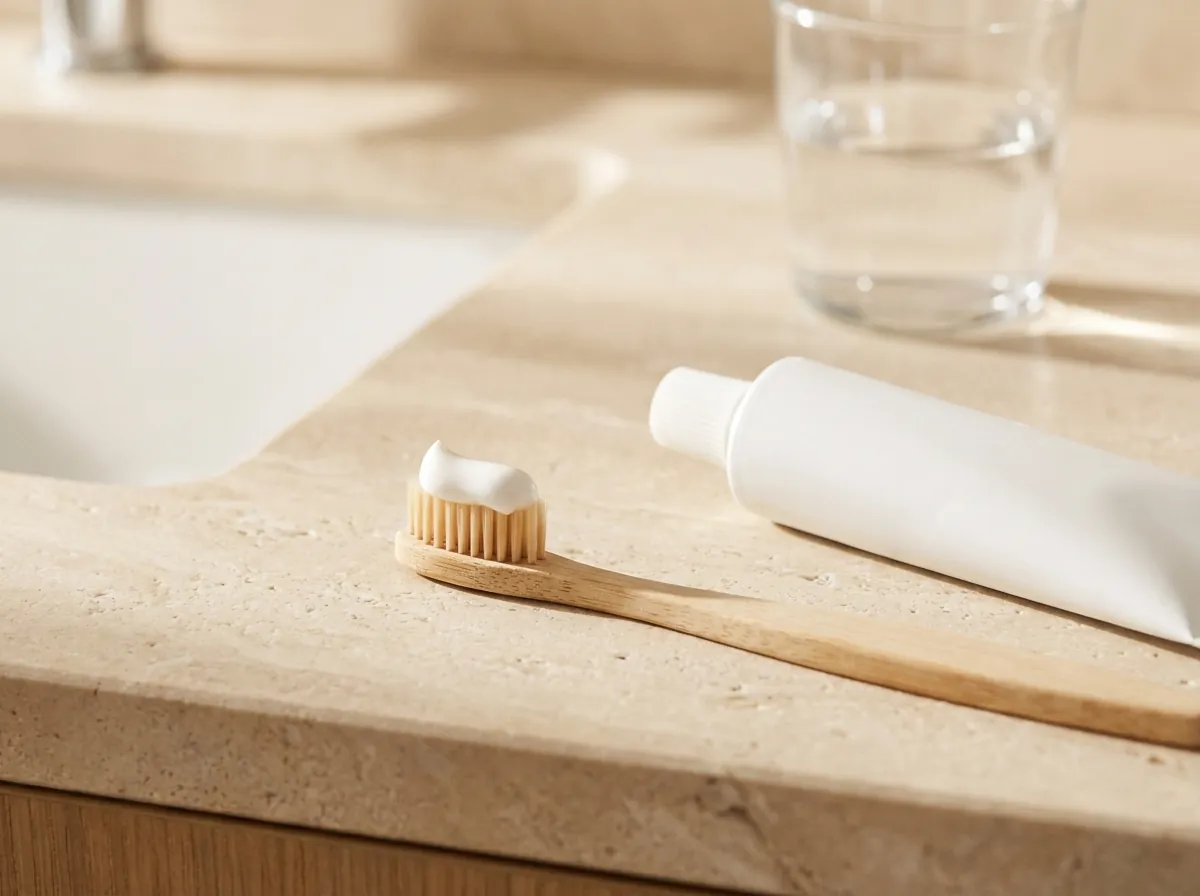 Cepillo de dientes de madera con pasta dental junto a un tubo sin marca