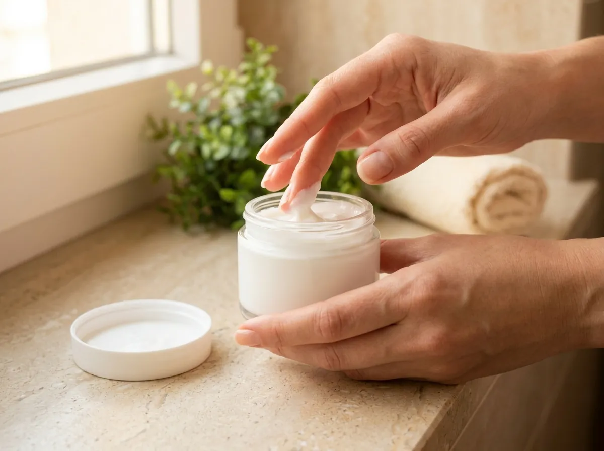 Manos tomando crema facial de un tarro abierto junto a la ventana