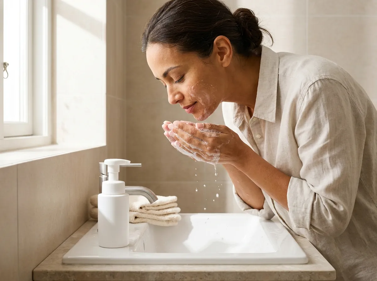 Mujer lavándose el rostro con espuma limpiadora sobre el lavabo