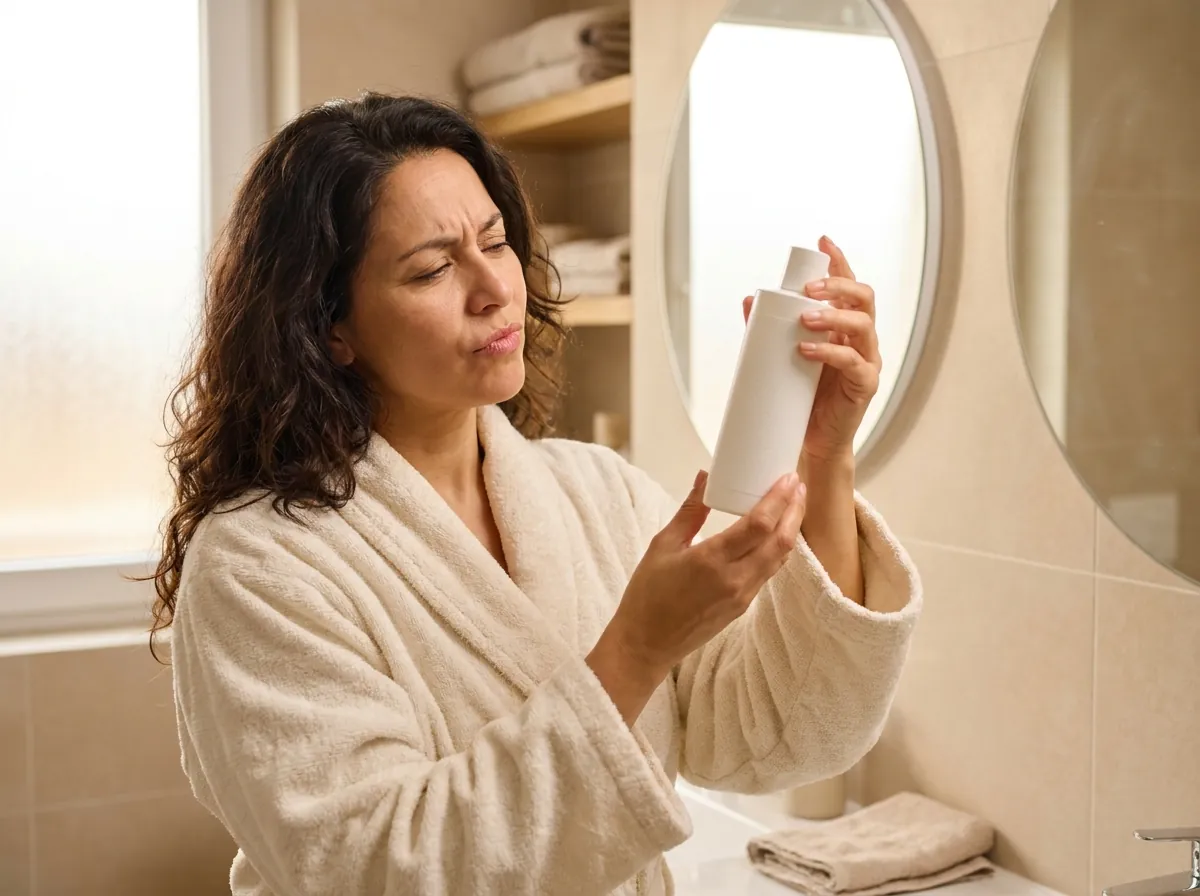 Mujer revisando la parte trasera de un frasco de champú en el baño