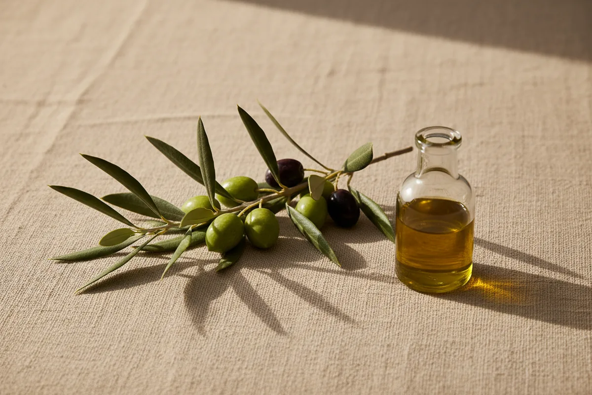 Aceitunas en rama junto a un frasco de aceite de oliva sin etiqueta