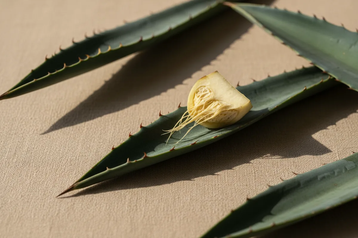 Hojas de agave azul (Agave tequilana) sobre lino beige