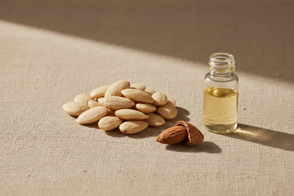 Almendras dulces junto a un frasco de aceite sin etiqueta