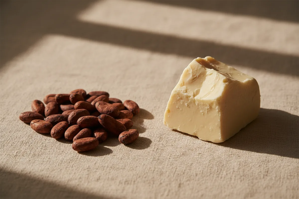 Semillas de cacao junto a un trozo de manteca de cacao