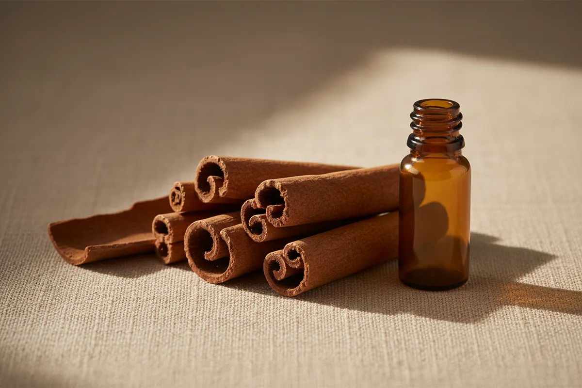 Ramas de corteza de canela junto a un frasco ámbar sin etiqueta