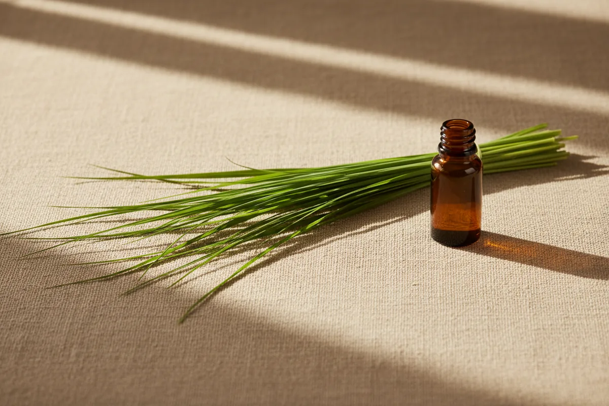 Hojas alargadas de citronela (Cymbopogon) atadas en manojo