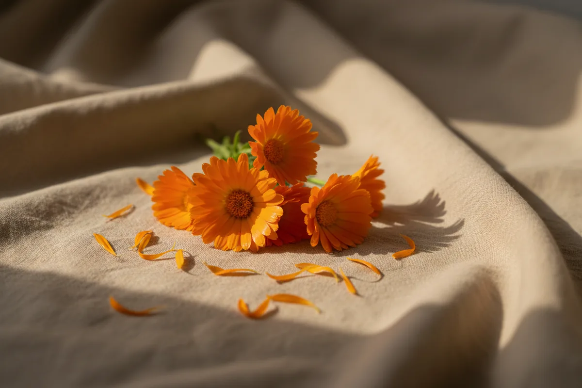 Flores naranjas de caléndula frescas y pétalos secos