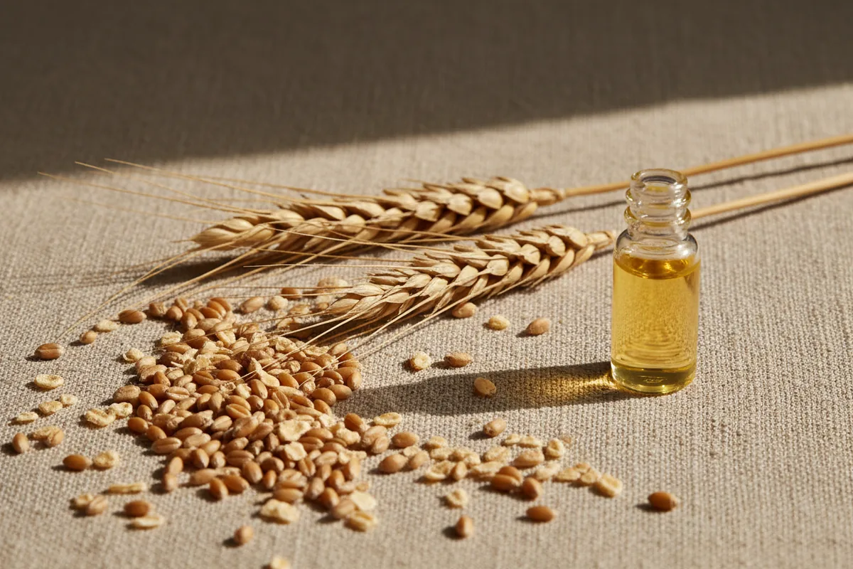 Germen de trigo y espigas junto a un frasco de aceite sin etiqueta