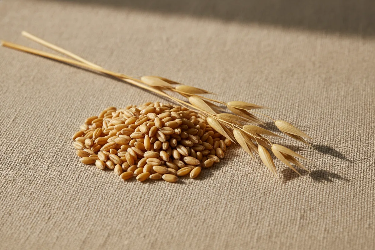 Granos de avena dorados con espigas sobre lino beige