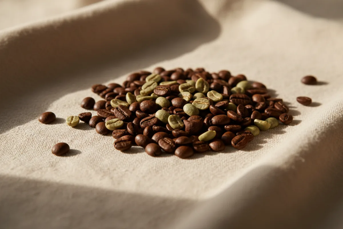 Granos de café verdes y tostados sobre lino beige