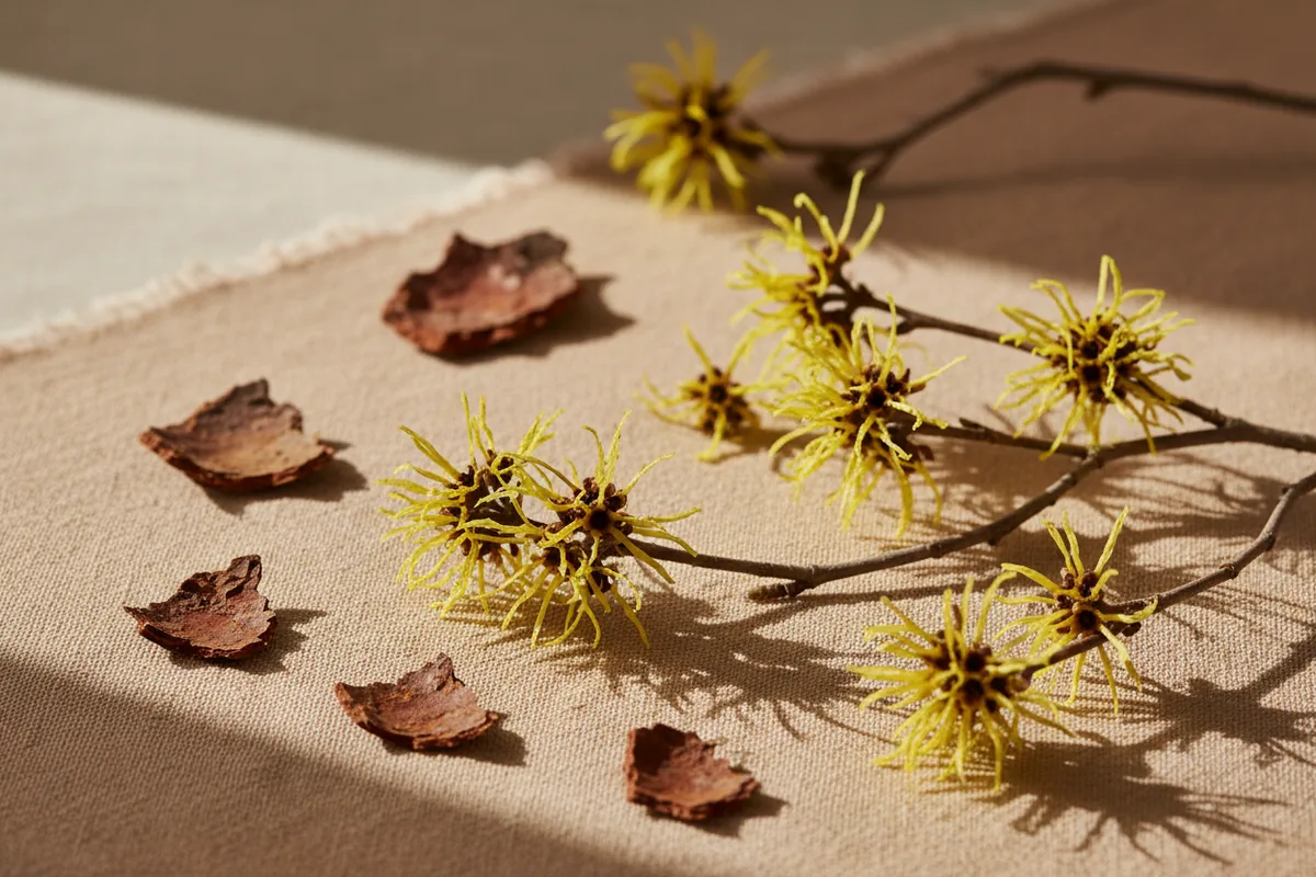Ramas de hamamelis con flores amarillas y trozos de corteza