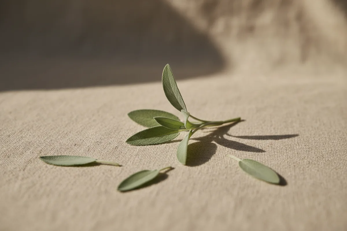 Hojas frescas de salvia (Salvia officinalis) sobre lino beige