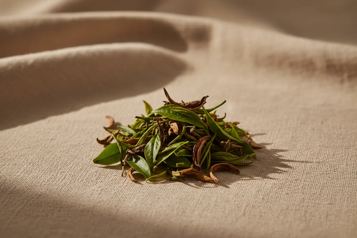Hojas frescas y secas de té verde (Camellia sinensis)