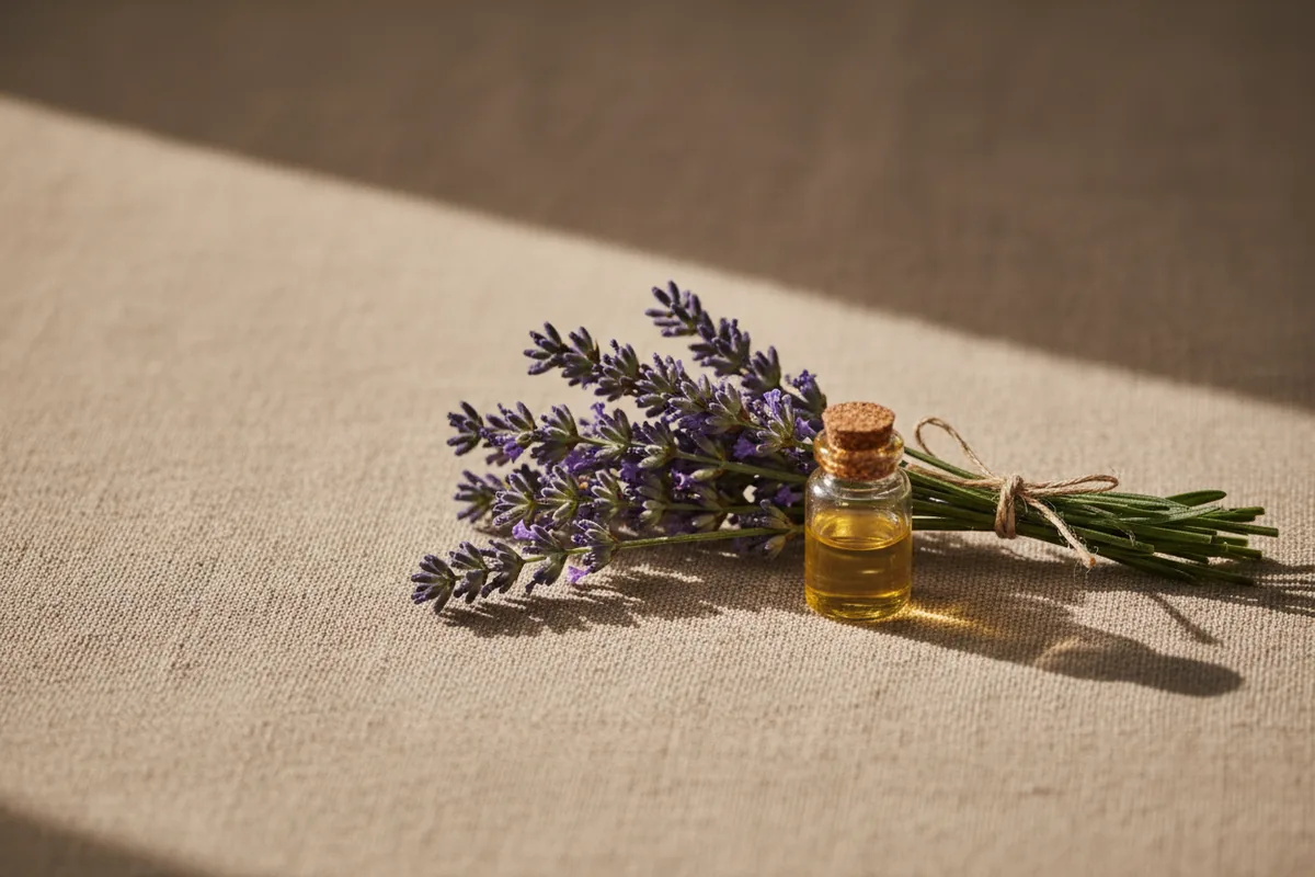 Ramas de lavanda con flores moradas junto a un frasco sin etiqueta