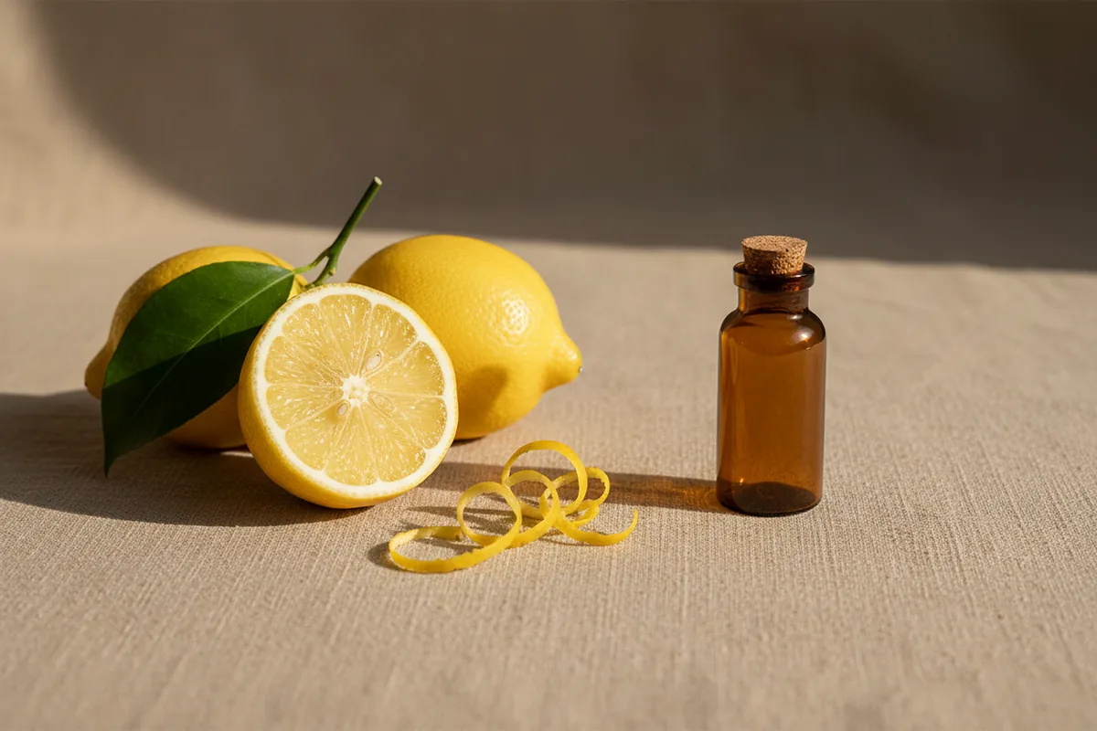 Limones con ralladura de cáscara junto a un frasco ámbar sin etiqueta