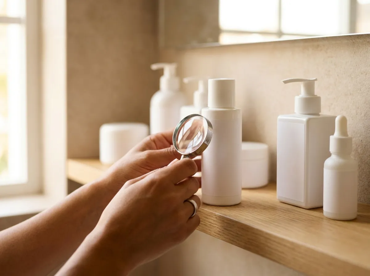 Manos revisando con una lupa la etiqueta de un frasco cosmético sin marca en el baño