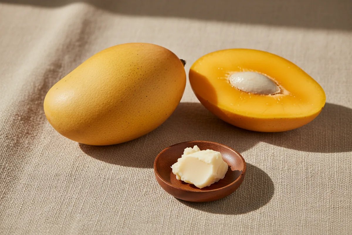 Mango partido junto a un trozo de manteca de semilla de mango