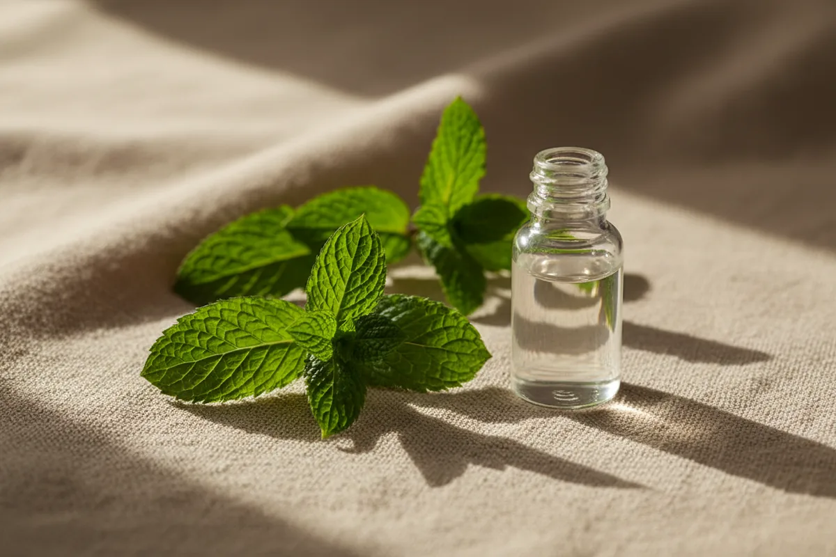 Hojas frescas de menta junto a un frasco de aceite esencial sin etiqueta