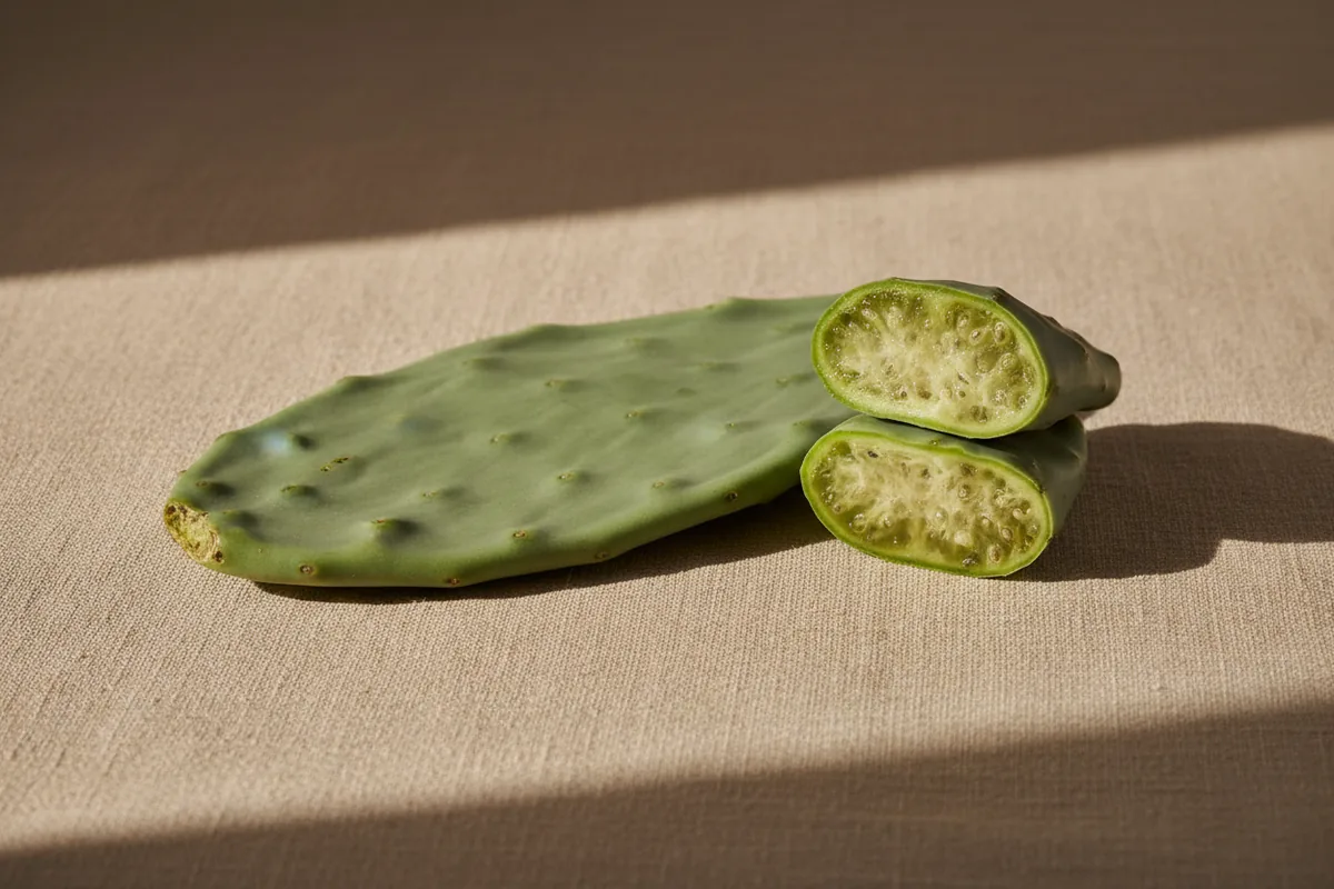 Penca de nopal fresca, entera y cortada, mostrando el gel interior
