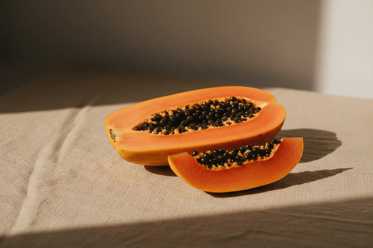 Papaya madura partida mostrando la pulpa naranja y las semillas