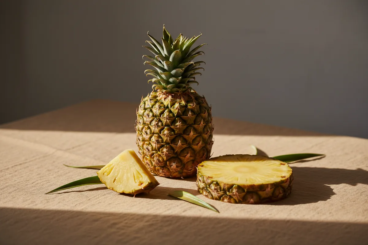 Rebanadas de piña fresca con hojas de la corona