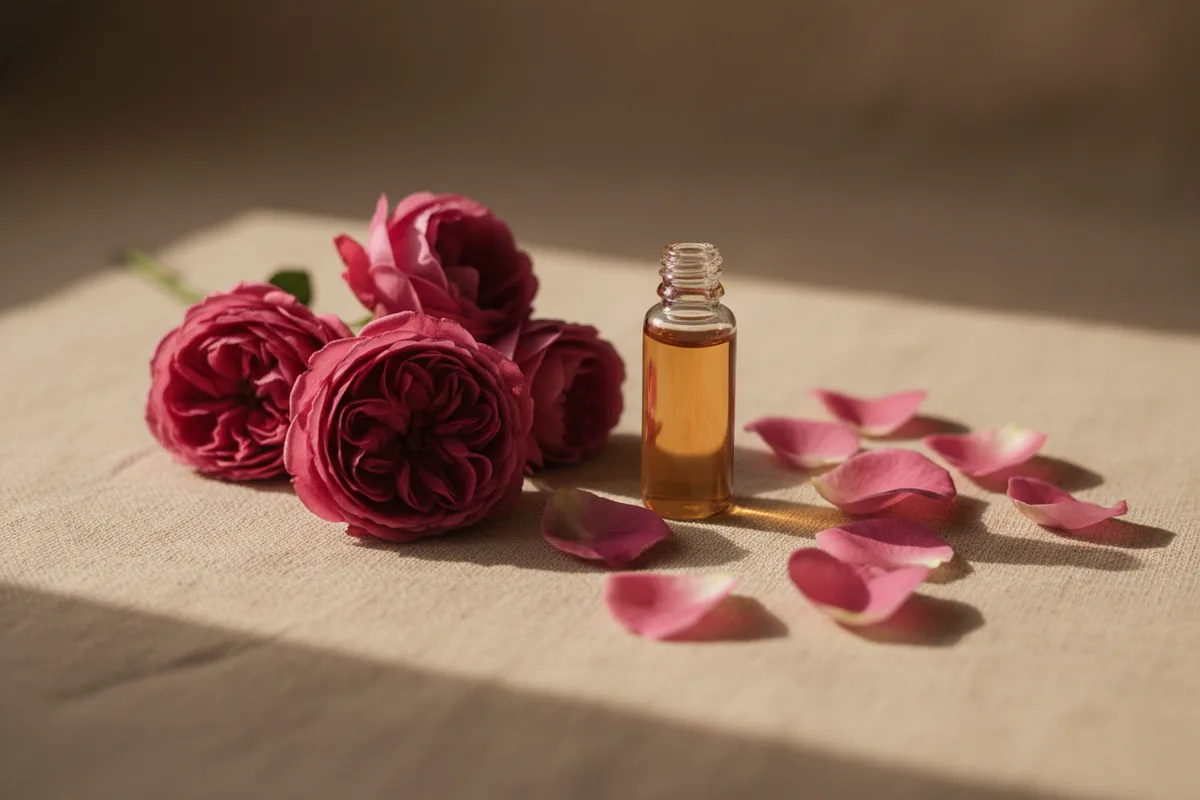 Flor de rosa de Damasco y pétalos sueltos sobre lino beige