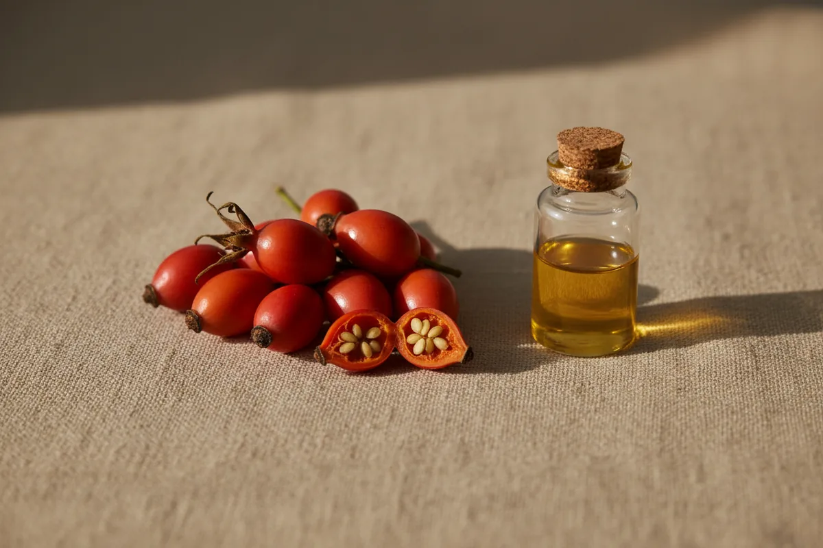Escaramujos de rosa mosqueta junto a un frasco de aceite de semilla sin etiqueta