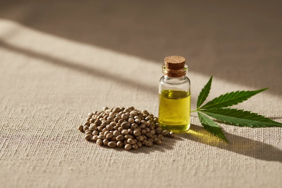 Semillas de cáñamo junto a un frasco de aceite sin etiqueta