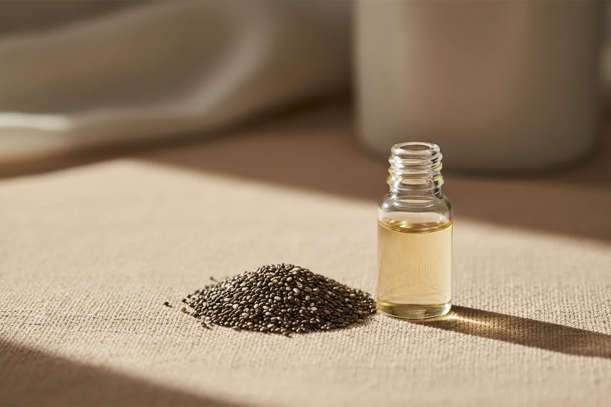 Semillas de chía junto a un frasco de aceite sin etiqueta