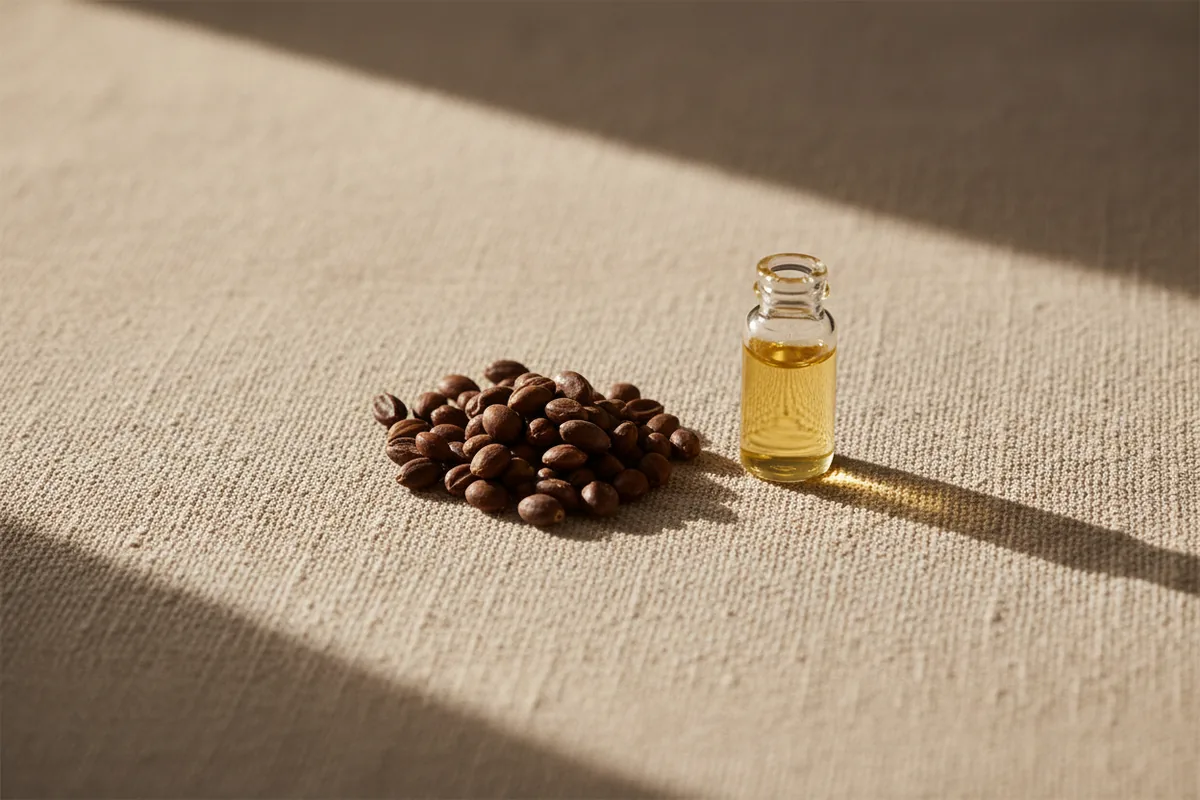 Semillas de jojoba junto a un frasco de cera líquida dorada sin etiqueta