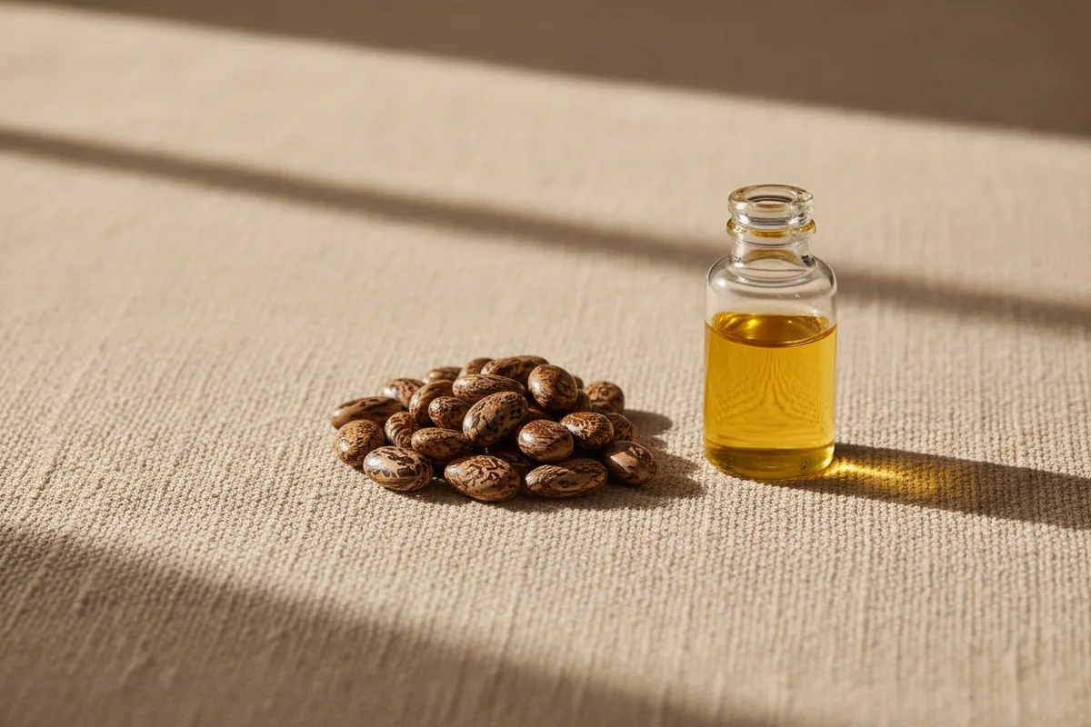 Semillas de ricino junto a un frasco de aceite espeso sin etiqueta