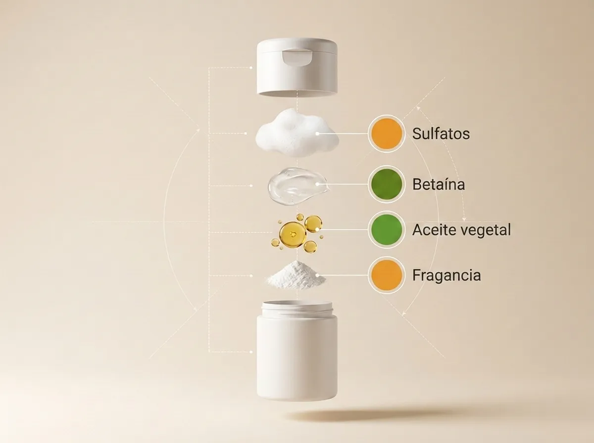Vista explotada de un envase de shampoo genérico: espuma, tensioactivos y aceites con puntos del semáforo