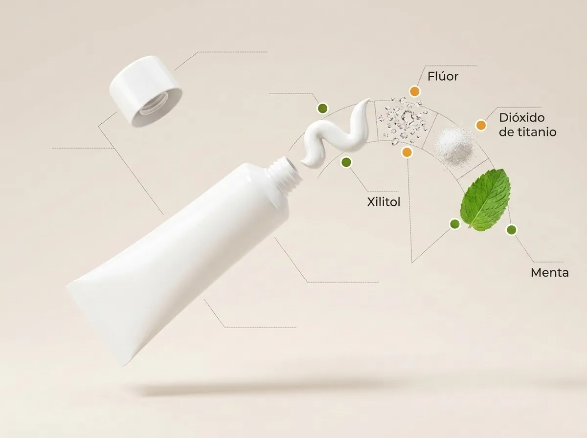 Vista explotada de una pasta dental genérica: pasta, minerales y menta con puntos del semáforo
