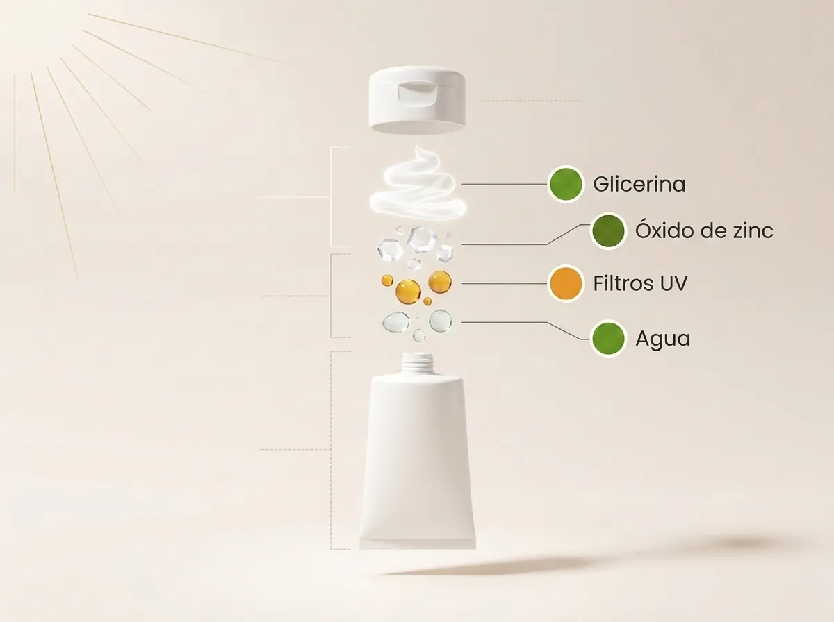 Vista explotada de un protector solar genérico: crema y filtros UV con puntos del semáforo