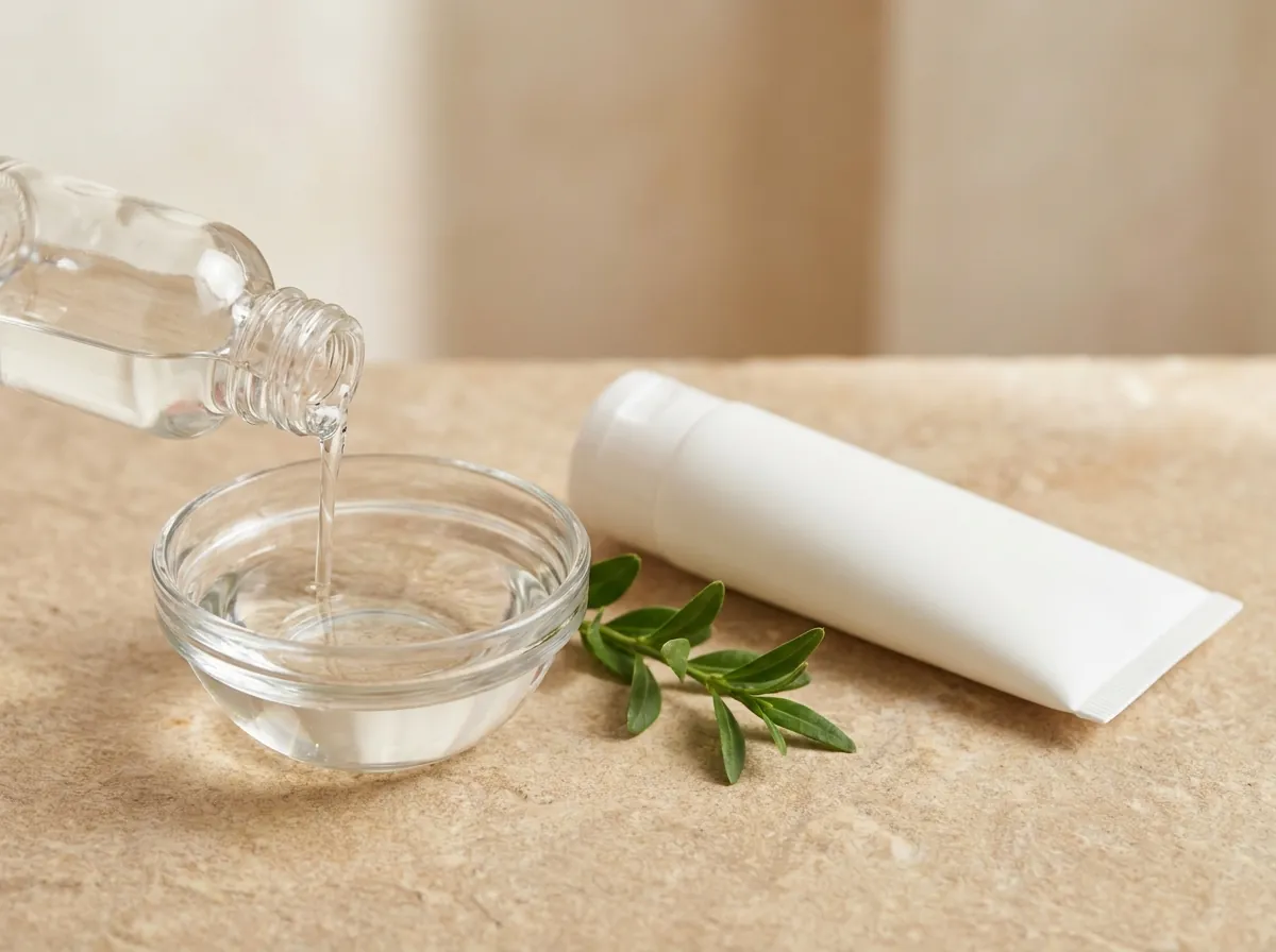 Aceite mineral transparente vertido en un tazón de vidrio junto a un tubo cosmético
