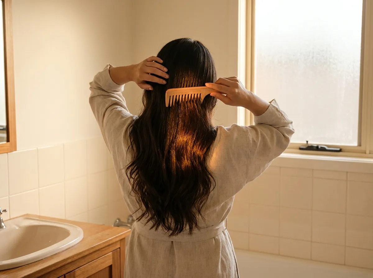 Mujer peinando su cabello largo, liso y brillante con un peine de madera