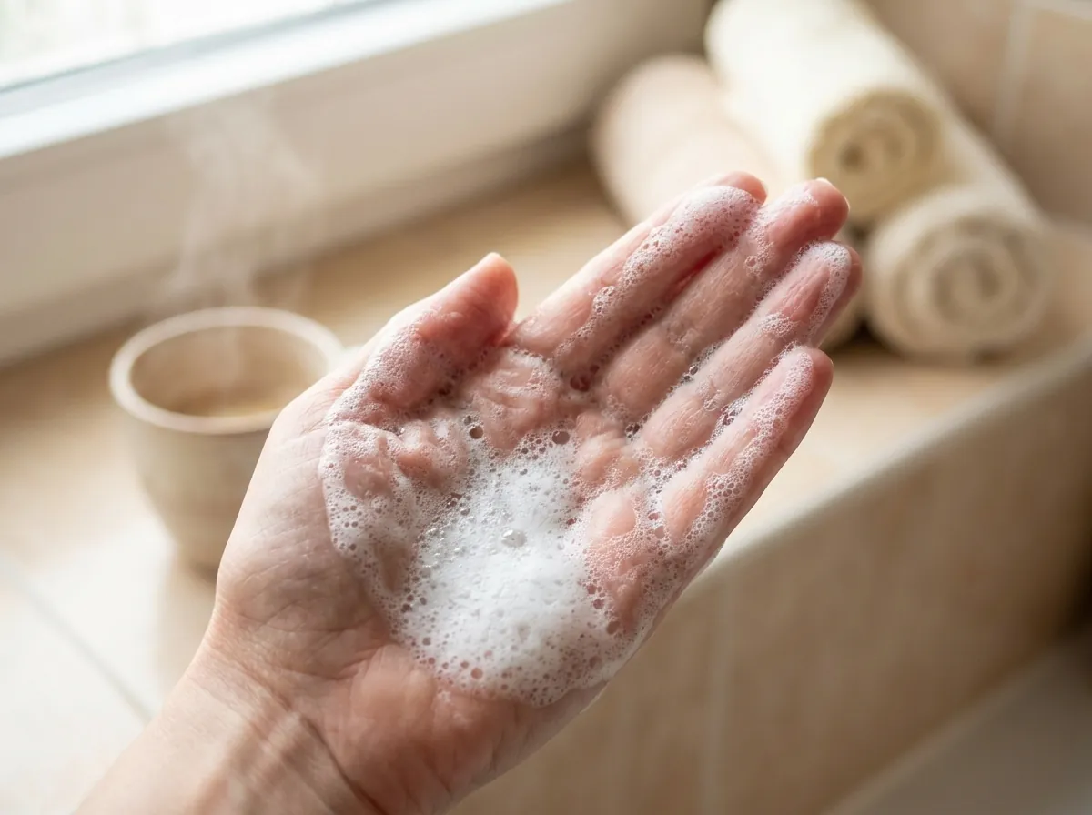Palma de la mano cubierta de espuma de champú con burbujas finas