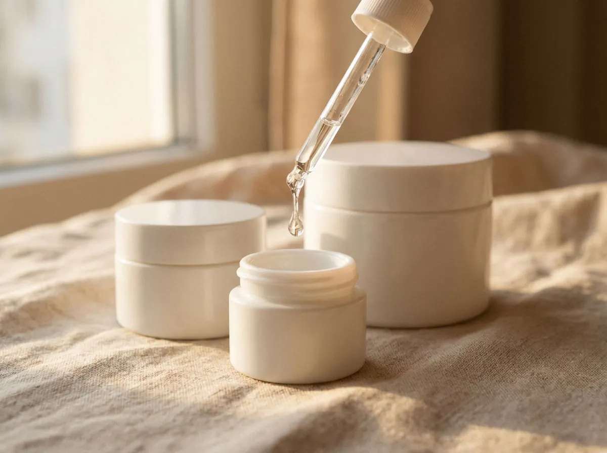 Frascos cosméticos blancos y una pipeta de laboratorio con conservador líquido