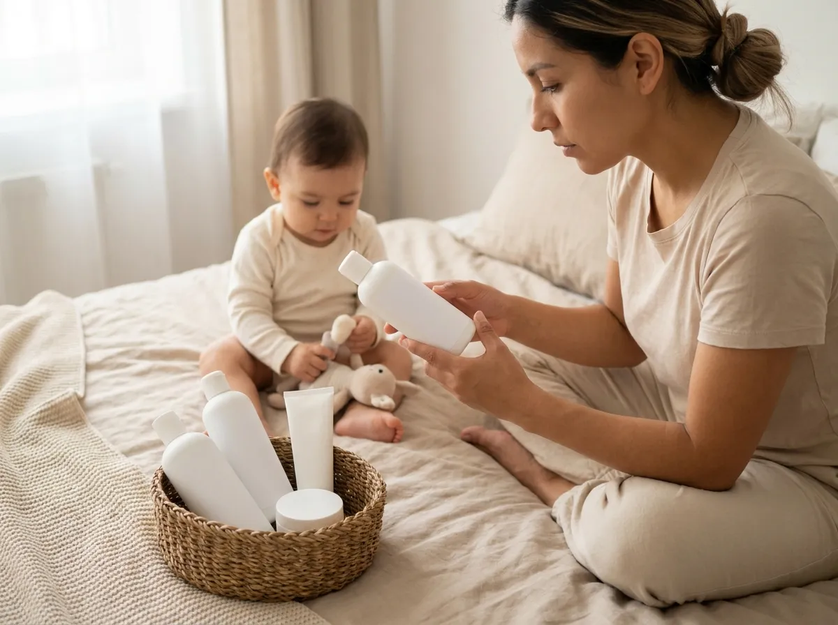 Madre revisando la etiqueta de un producto de cuidado de su bebé, con una canasta de productos al lado