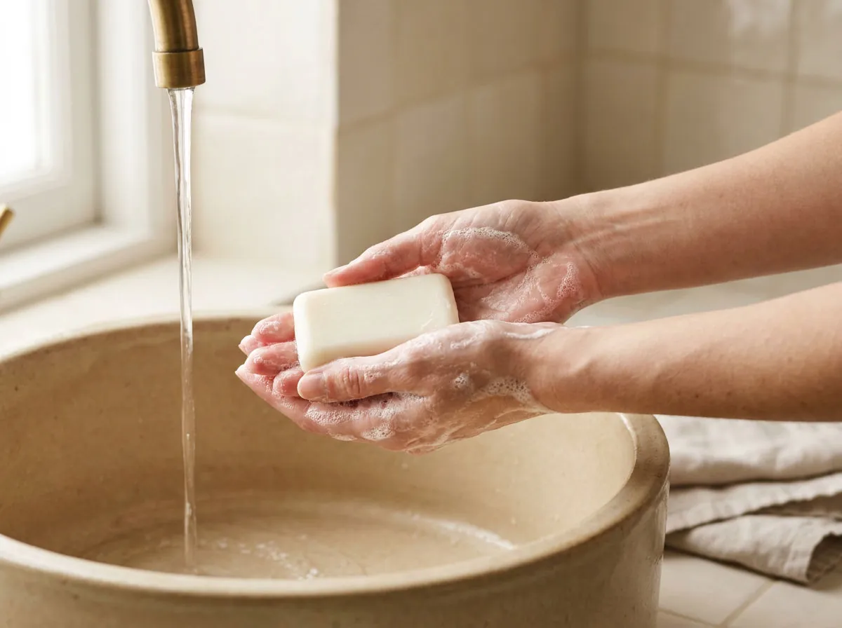 Manos lavándose con una barra de jabón bajo el agua del grifo