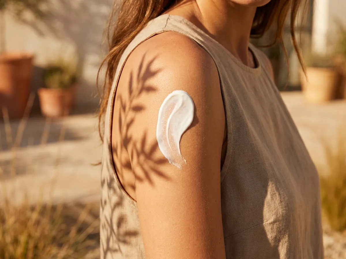 Hombro de mujer con protector solar recién aplicado bajo la sombra de hojas al sol