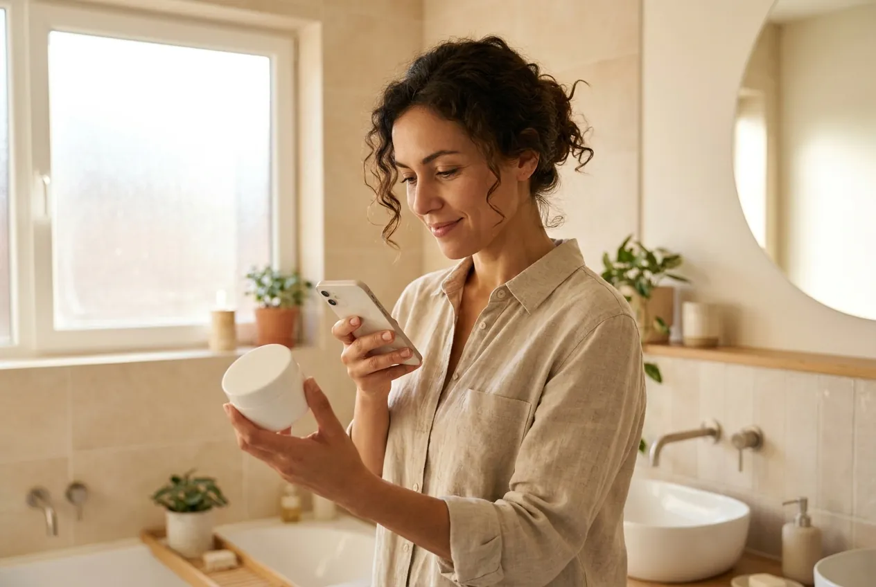 Mujer fotografiando con su celular la etiqueta de un producto cosmético en el baño