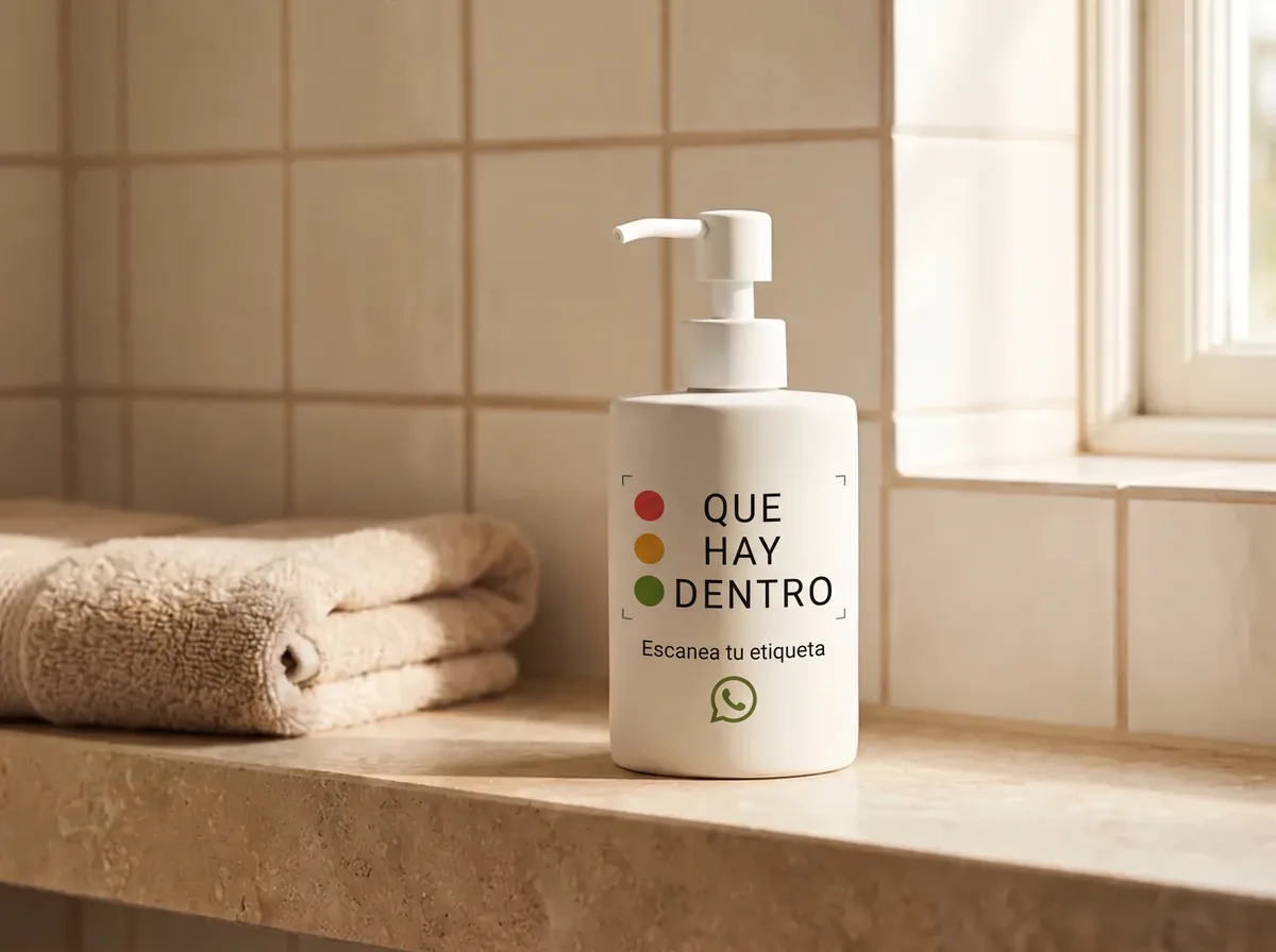 Imagen ilustrativa: botella de champú con el logo de Qué Hay Dentro y la invitación Escanea tu etiqueta por WhatsApp