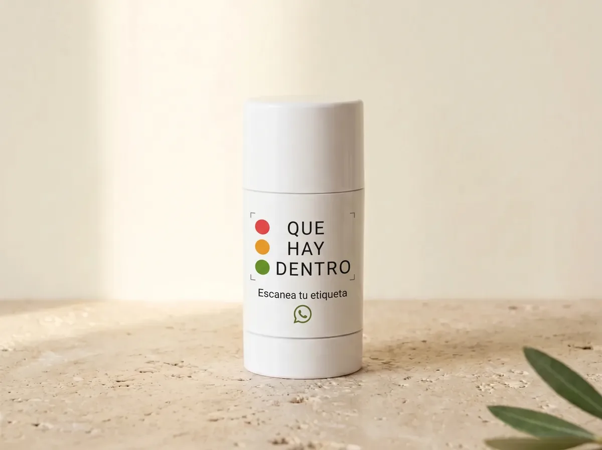 Imagen ilustrativa: desodorante en barra con el logo de Qué Hay Dentro y la invitación Escanea tu etiqueta por WhatsApp