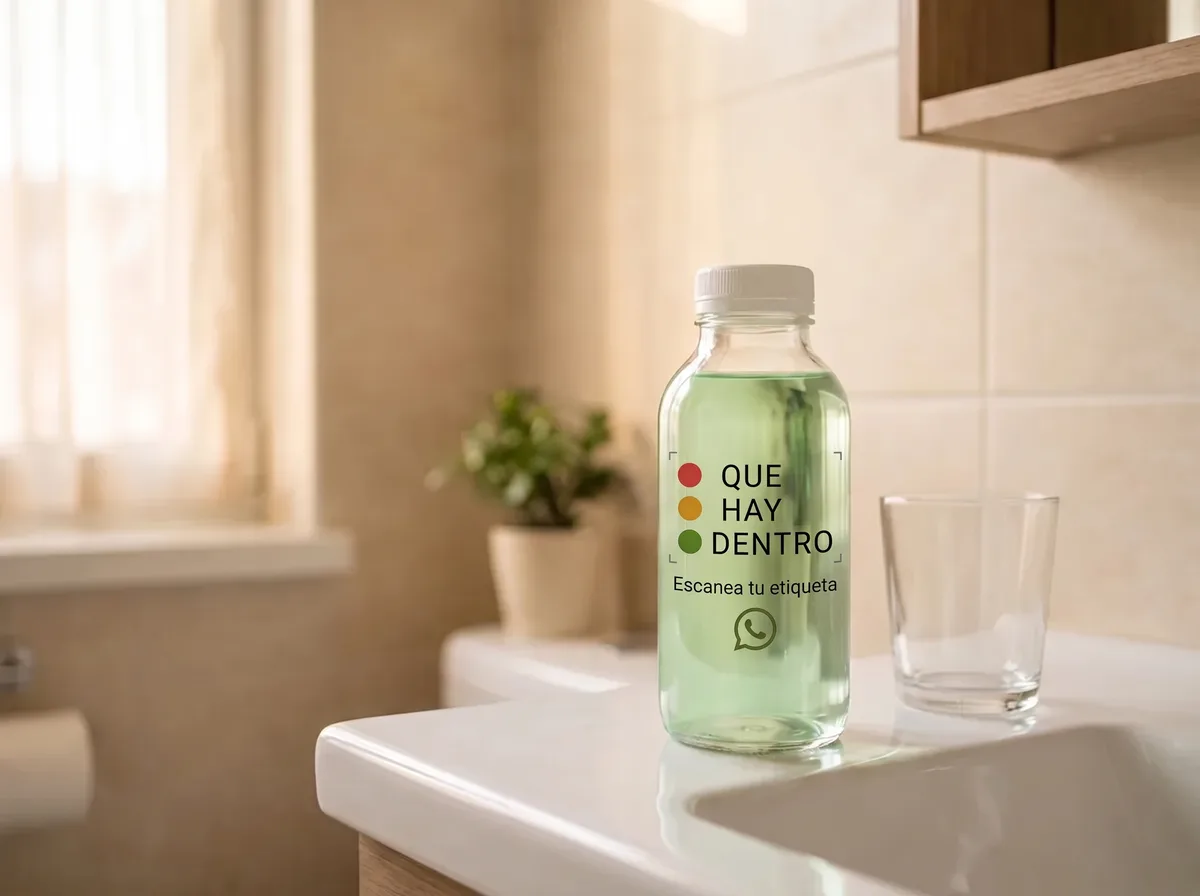 Imagen ilustrativa: botella de enjuague bucal con el logo de Qué Hay Dentro y la invitación Escanea tu etiqueta por WhatsApp
