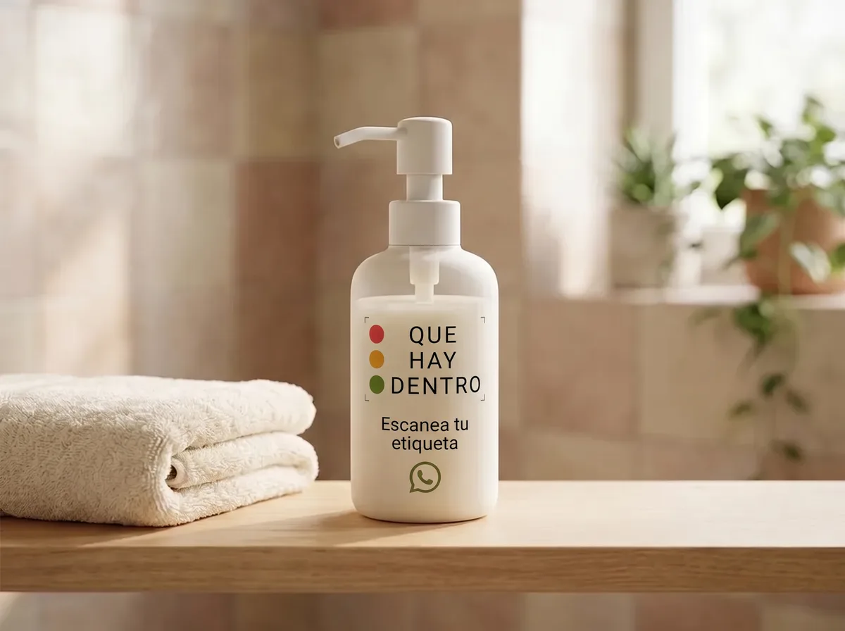 Imagen ilustrativa: botella dosificadora de gel de baño con el logo de Qué Hay Dentro y la invitación Escanea tu etiqueta por WhatsApp