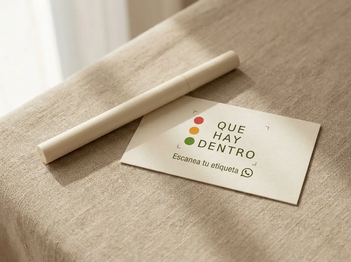 Imagen ilustrativa: delineador líquido sin marca junto a una tarjeta con el logo de Qué Hay Dentro y la invitación Escanea tu etiqueta por WhatsApp
