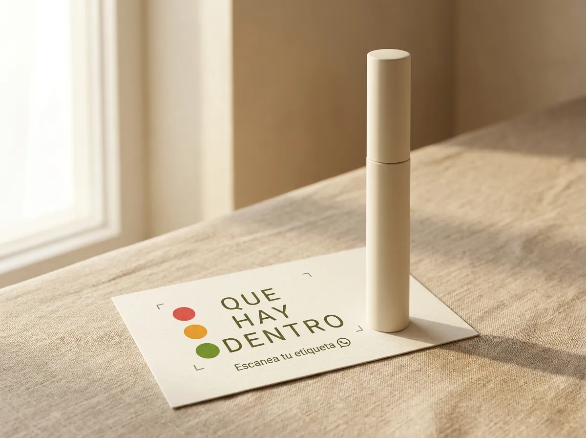 Imagen ilustrativa: tubo de máscara de pestañas sin marca junto a una tarjeta con el logo de Qué Hay Dentro y la invitación Escanea tu etiqueta por WhatsApp