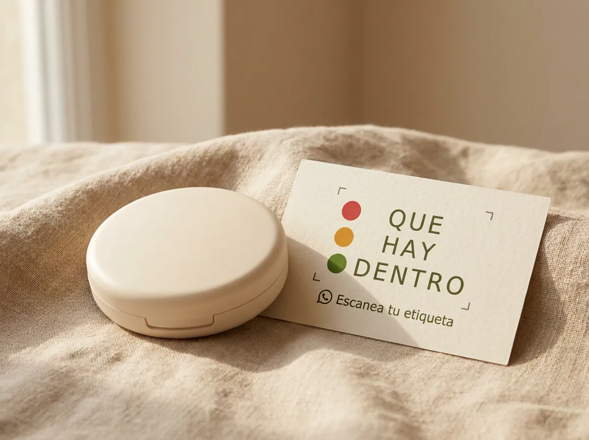 Imagen ilustrativa: polvera de rubor sin marca junto a una tarjeta con el logo de Qué Hay Dentro y la invitación Escanea tu etiqueta por WhatsApp