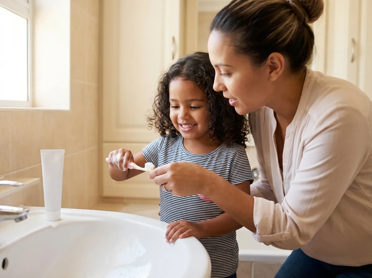 Niña cepillándose los dientes con ayuda de su mamá en el baño